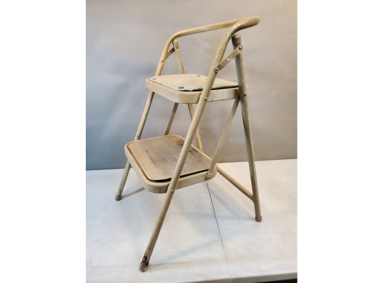 Vintage Folding Step Stool With Tread Step & Padded Seat, 11.75'h 1st Step, 22'h 2nd Step, 18'w X 22'd X 30'h