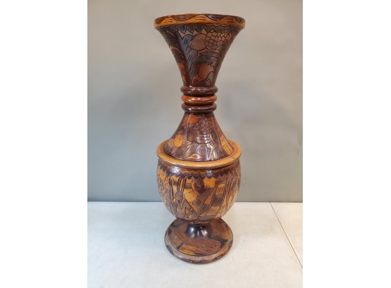 Large Carved Wood Vase With African Carvings, 8.5'd X 23'h