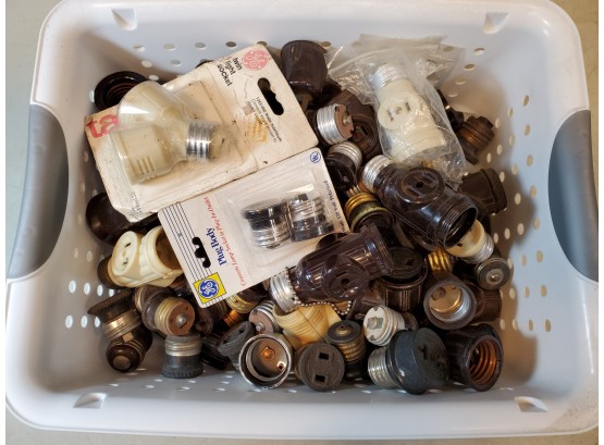 Box Lot Of Light Socket Adapters, Extensions, Pull Chain, Socket To Outlet, Outlet To Socket, Etc.