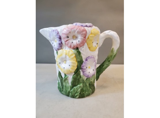 Ceramic Pitcher With Hand Painted Flowers In Relief, 8'h X 9.5' X 5.5', Signed World Bazaar Inc