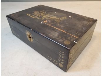 Antique Stenciled Pencil Box With Contents, Hinged With Latch, 8.5' X 5.5' X 2.5'h