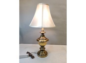 Burnished Brass Table Lamp With Tan Soft Side Silk Shade (With A Sheen), 3 Way, 27'h X 14'd, Working