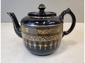 Antique Jordan Marsh 'Avona' Teapot, English Chinoiserie Japanese Moriage On Black, 7' X 4.25' X 5'h