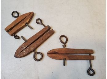 3 Antique Hobby Clamps, Wood With Iron & Brass, 4'L & 3'l