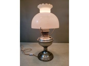 Antique Aladdin No.11 Oil Lamp Converted To Electric, White Globe Shade, Nickel Plated, 19'H X 9.5'd