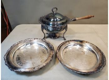 3 Crescent Silver Plated Serving Pieces, 4887EF & 6387EF Pie Quiche Footed Dish Trays 12'd, 4802P Chafing Dish