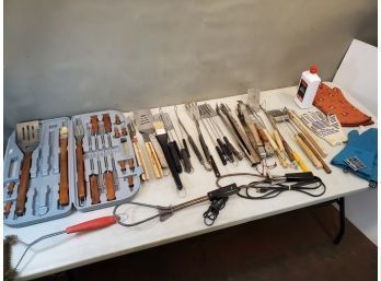Lot Of Barbeque Tools & Accessories, Spatulas Tongs Knives Skewers Brushes Gloves