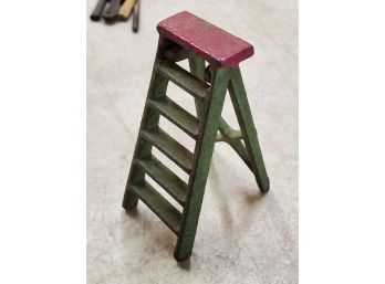 Antique Cast Iron Dollhouse Miniature 6 Step Ladder, 3'h Opened Up, Original Green & Red Paint
