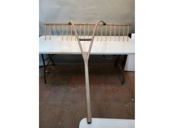 Large Antique Wooden Hay Rake, 20 Tines (2 Missing), Weathered Forked (Y) Handle, 65.5'l X 64.5'w X 28' Bend