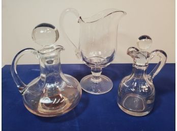 Lot Of 4 Vintage Cruet Decanters With Sphere Stoppers & 7' Medium Cream Pitcher