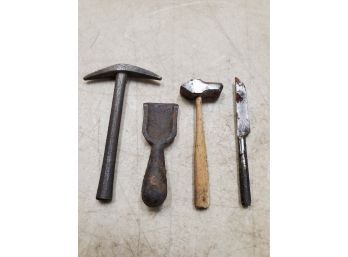 Lot Of 4 Antique Cast Iron Dollhouse Miniature Tools: 2.5' Pick Axe 2' Coal Shovel 2.5' Hammer* 2.5' Knife*