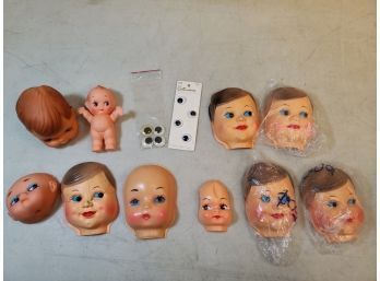 Lot Of Doll Making Parts, Blow Mold & Rubber Face Masks, Rubber Heads, Whole Small Doll, Googly Eyes