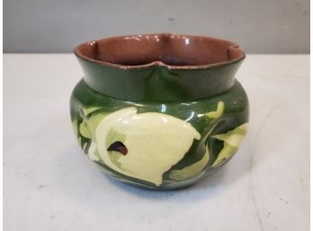 Antique Torquay Watcombe Pottery England Planter, Green With Stylized Lily, Red Devon Clay, 4.25'd X 3'h