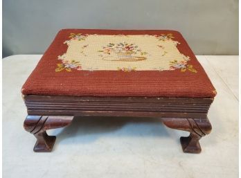 Antique Mahogany Footstool With Floral Needlepoint Top, 16' X 13' X 8'h
