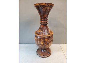 Large Carved Wood Vase With African Carvings, 8.5'd X 23'h