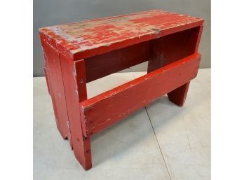Primitive Bench Stool Footstool, Red Painted, Yellow FRANK Underneath, 18' X 9.5' X 14'h