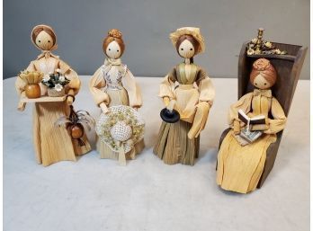 Set Of 4 Vintage Corn Husk Dolls, 7'h Each