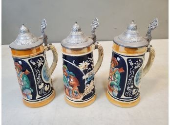 3 Vintage Ceramic Beer Steins, Signed Western Germany, 7'H X 3'd