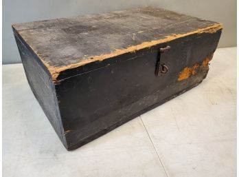 Antique Wooden Box, Hinged With Padlock Hasp, Old Black Paint, For Tools & Treasures, 23' X 13.5' X 9'h