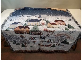 Village Winter Scene Throw Blanket, Made In USA, 51'w X 58