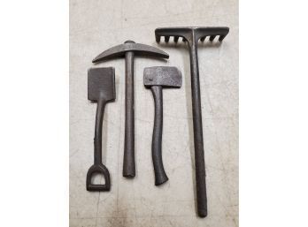 Lot Of 4 Antique Cast Iron Dollhouse Miniature Tools: 3' Shovel, 3.5' Pick Axe, 3' Axe, 4.75' Rake