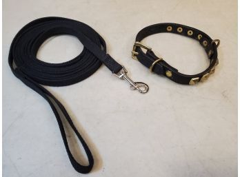 Heavy Duty Leather & Brass Dog Collar, Size Large, With 15 Foot Black Leash