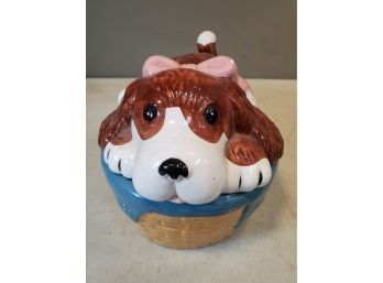 Puppy In A Basket Ceramic Cookie Jar Canister Signed WELCOME IND. 1988, 9' X 6' X 6'H