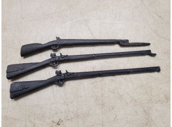 Lot Of 3 Antique Cast Iron Dollhouse Miniature Flint Lock Rifles, 7.5'l, 8.25'l, 8.5'l