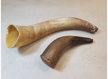 2 Antique Black Powder Horns, Steer Horns & Wood, 13'L & 8'L