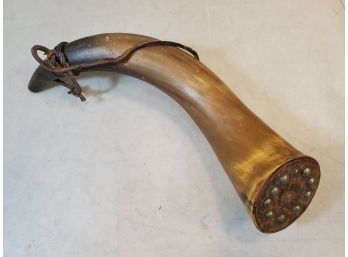 Antique Black Powder Horn, Steer Horn Tacked Wood & Leather, 12.5'l