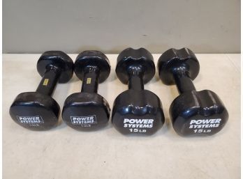 Lot Of 4 Power Systems Weight Lifting Dumbbells, 2x10 Lb, 2x15 Lb, Rubber Coated