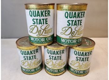 5 Unopened Vintage Quaker State Deluxe Motor Oil Cans, Gas Station Quarts