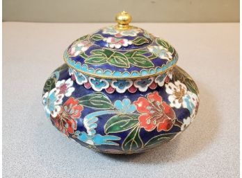 Cloisonne Covered Dish, Multi-Colored Enamel On Copper, Floral & Blue Bird Pattern With Raised Gold Highlights