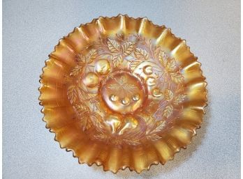 Antique Dugan Iridescent Marigold Carnival Glass Wreathed Cherry Berry Bowl, Ruffled Basket Weave, 8.75'd