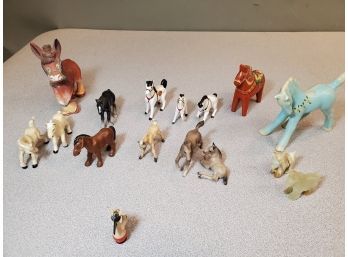 Collection Of Small Horse Figurines, Ceramic Porcelain Bone China Carved Onyx & Wood