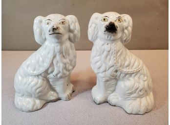 Pair Of 10' Antique Staffordshire Dogs, 19th Century, Yellow Eyes, Small Firing Holes, Unmarked, Crazing