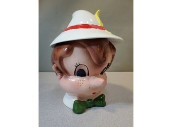 Vintage Metlox Poppy Trail California Pottery Pinocchio Ceramic Cookie Jar, Disney, Hat Lid With Feather