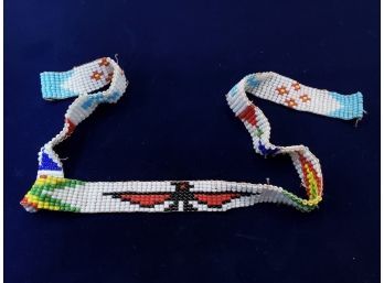 Antique Multi-Colored Bead Work Necklace Ribbon Part With Navajo Thunder Bird, 17.75' Long X 5/8' Wide