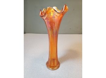Fine Antique Iridescent Marigold Carnival Glass Swung Vase, Stretched Wheat, 9.75'H, Straw Marks
