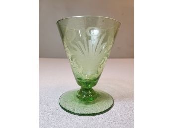Vintage Green Bubble Glass Cocktail Glass, Etched With Stylized Flower Bouquet, 3.5'h X 2.75'd