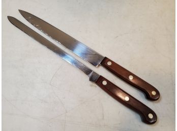 2 Vintage COMUS Chrome Carbon Steel Carving Knives With Fine Wood Handles, 9' Blade 14'LOA, 9.5' Blade 14.5'L