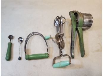 Collection Of Vintage Green Handle Kitchen Gadgets, Tools & Accessories, Blue Whirl, Androck
