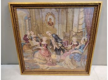 Framed Tapestry Of A Courting Scene In The Music Room, 20.5'h X 21.5'w