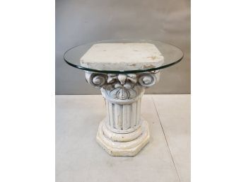Ionic Column Glass Top Plant Stand, Chippy Plaster, 15.75'd X 16.25'h