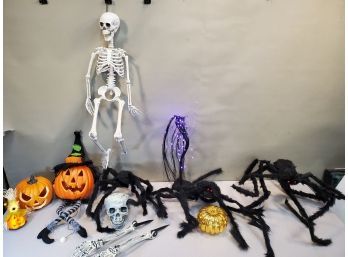 Lot Of Halloween Decorations: Skeletons Jack-O-Lanterns, Battery Operated Tree & Pumpkin, Spiders