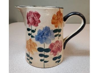 Vintage Earthenware Pottery Cream Or Milk Pitcher, Flower Decorated Tan With Black Trim, Great Crazing Pattern