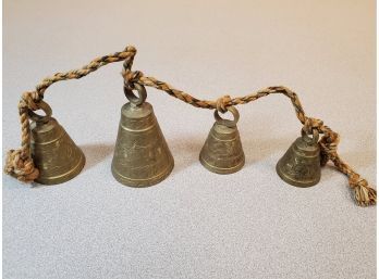 Set Of 4 Hanging Brass Himalayan Type Bells, Etched Floral, Colorful Rope, Door Chimes, 1-5/8'd To 2-1/2'd
