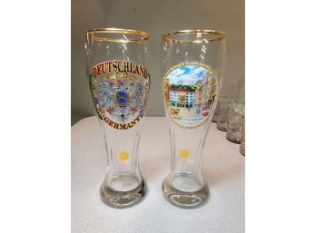 2 Vintage WS Germany Hand Made Beer Glasses Drinkware Tumblers, 9.25'h, Deutschland & Innsbruck Goldenes Dachl