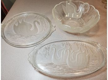 Set Of Swan Serving Pieces, Frosted Etched Glass, 13.5' Cake Plate, 14.5' Oval Tray, 10' Bowl