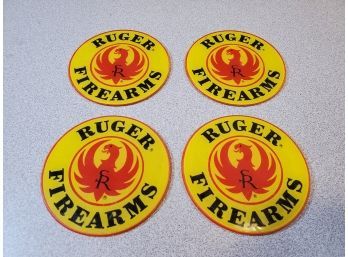 4 Set Of Ruger Firearms Drink Coasters, Bright Yellow & Red, 3.75'd